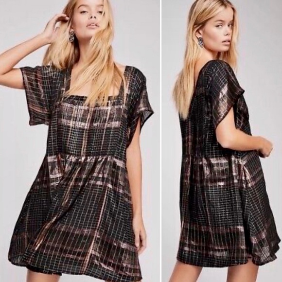Free People Dresses & Skirts - Free People Black and Metallic Bronze Plaid Mini Dress